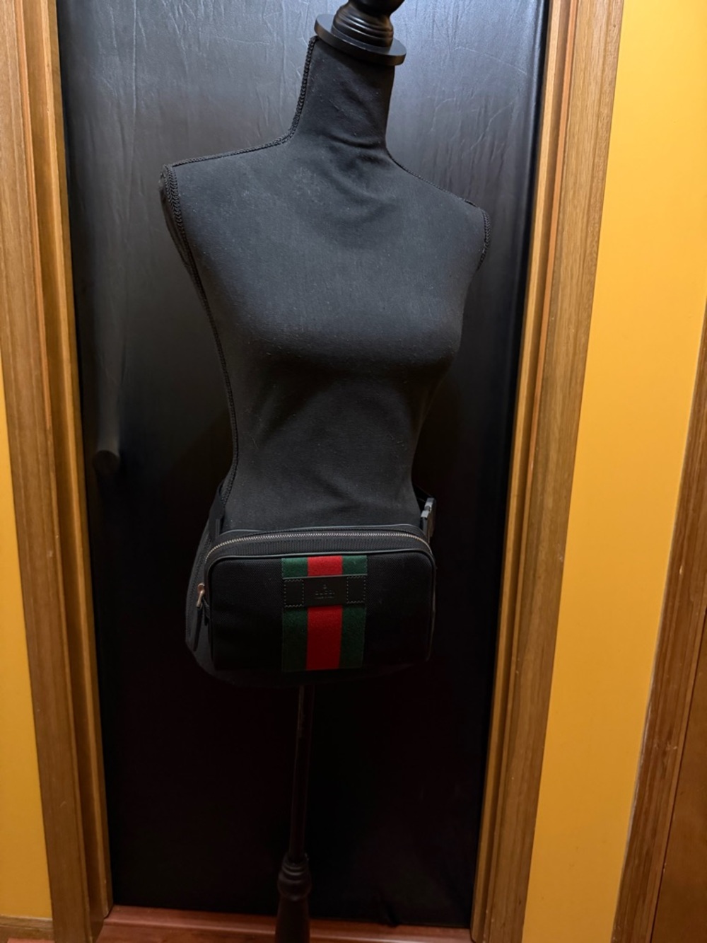 authentic GUCCI Canvas Web Slim Belt Bag in Black with black leather trim